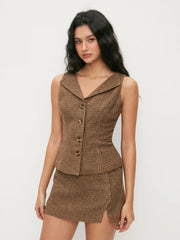 Jacquard Houndstooth Button Vest & Low Rise Zipper Mini Skirt Set