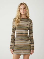 Jersey Boat Neck Striped Bell Sleeve Flared Mini Dress
