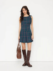 Plaid Boat Neck Bowknot Zipper Pleated Mini Dress