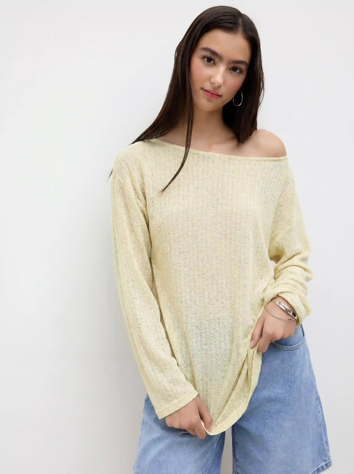 Linen-blend Boat Neck Oversized Long Sleeve Top