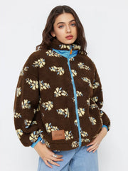 Cider Fleece Floral Zip Through Oversized Jacket