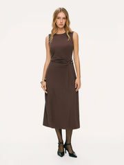 Round Neckline Belted Zip Through Ruched Midi Dress
