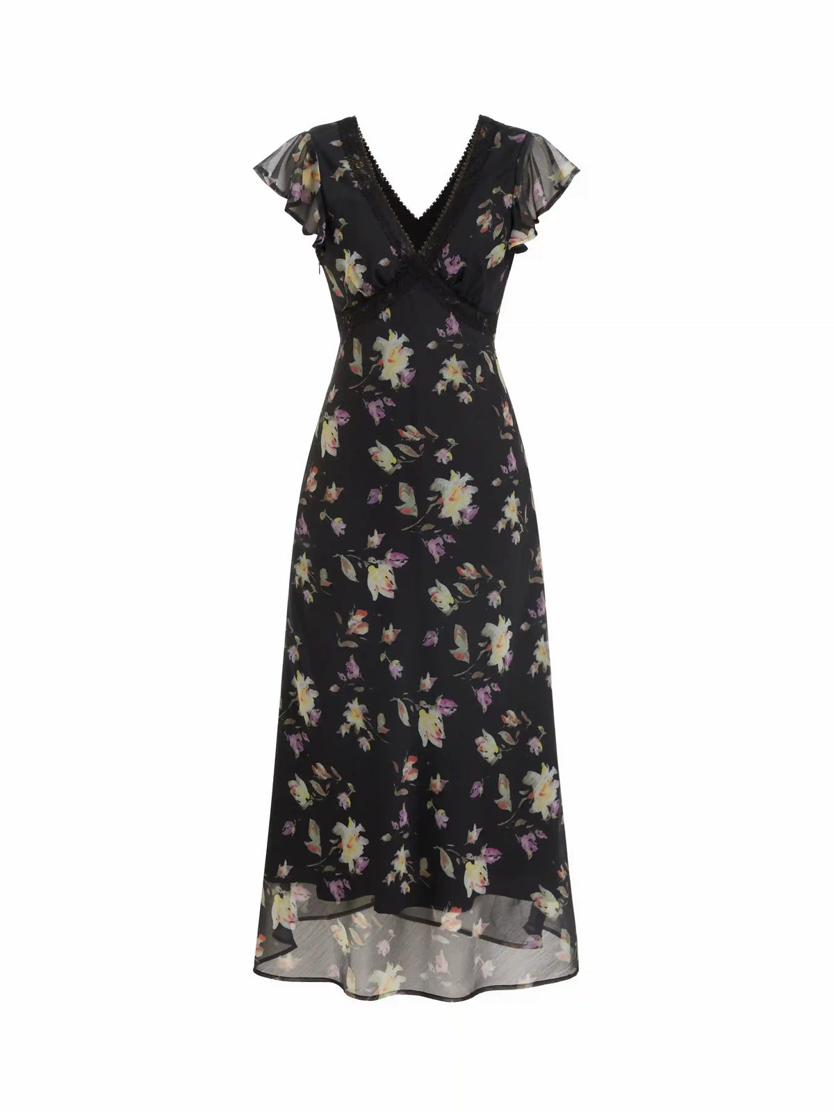Chiffon Floral V-neck Ruffle Sleeve Lace Trim A-line Maxi Dress