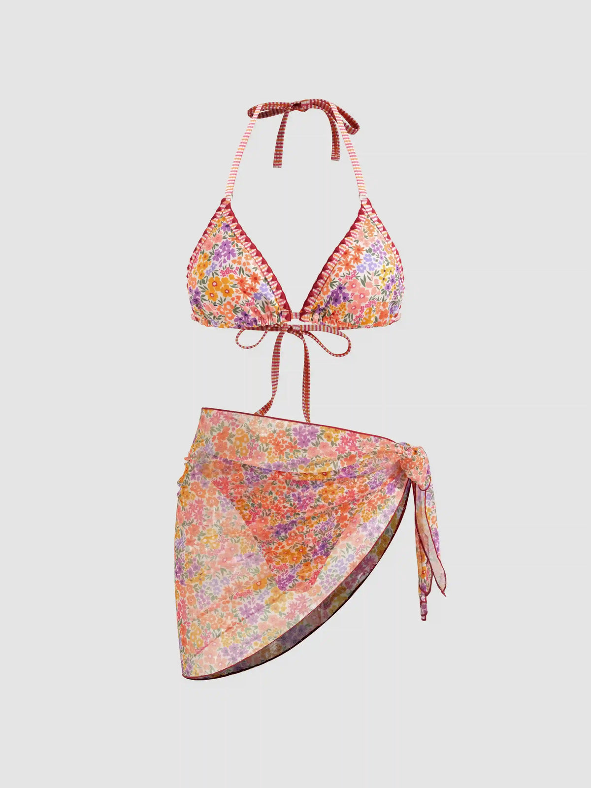 V-neck Halter Floral Tie Side Bikini Swimsuit With Sarong