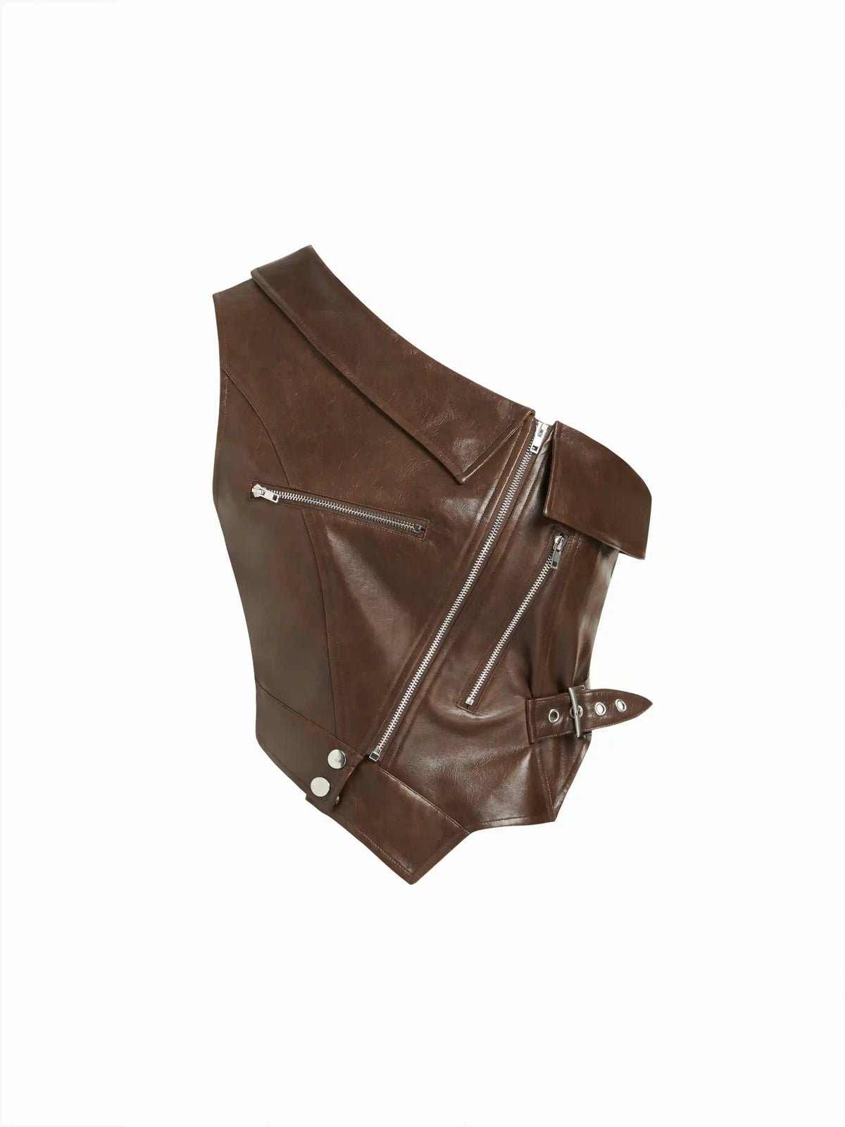 Faux Leather Asymmetrical Neck Metal Detail Zip Through Tank Top
