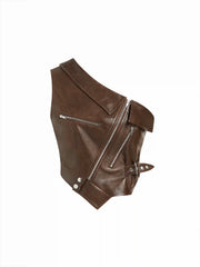 Faux Leather Asymmetrical Neck Metal Detail Zip Through Tank Top