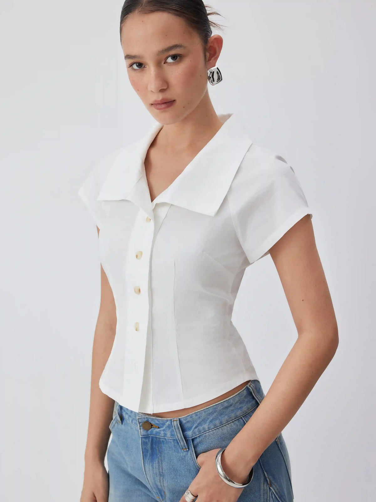 Cotton Notched Collar Short Sleeve Button Through Blouse