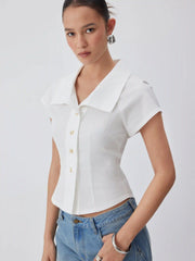 Cotton Notched Collar Short Sleeve Button Through Blouse