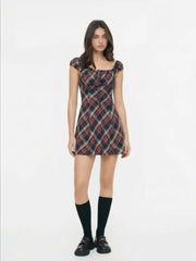 Cotton Plaid Square Neck Puff Sleeve Mini Dress