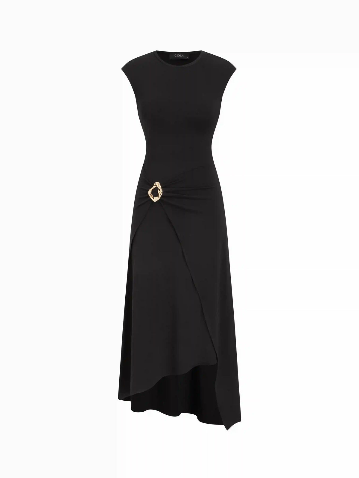 Round Neckline Metal Detail Ruched Asymmetrical Hem Maxi Dress