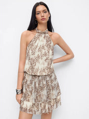 Tie Dye Animal Print Halter Neckline Ruffled Layered Mini Dress