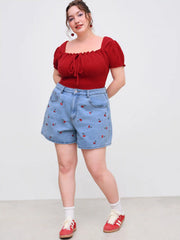 Cider Denim Mid Rise Cherry Embroidery Shorts Curve & Plus