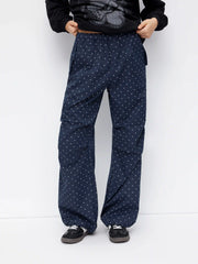 Mid Rise Polka Dot Elastic Waist Drawstring Straight Leg Trousers