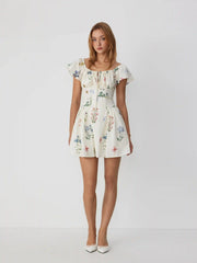 Cotton Floral Square Neck Cloak Sleeve Ruched Milkmaid Mini Dress
