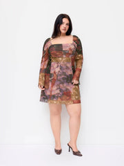 Mesh Bell Sleeve Patchwork Ruched Flared Mini Dress Curve & Plus