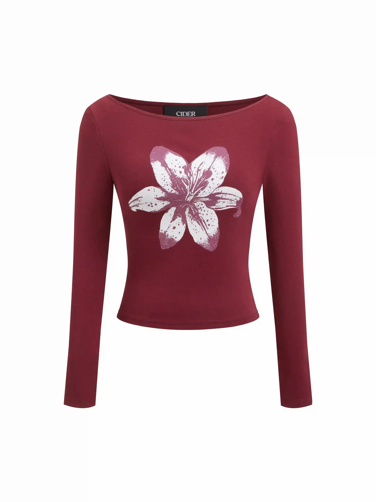 Cotton-Blend Boat Neck Floral Graphic Long Sleeve Crop Top