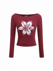 Cotton-Blend Boat Neck Floral Graphic Long Sleeve Crop Top