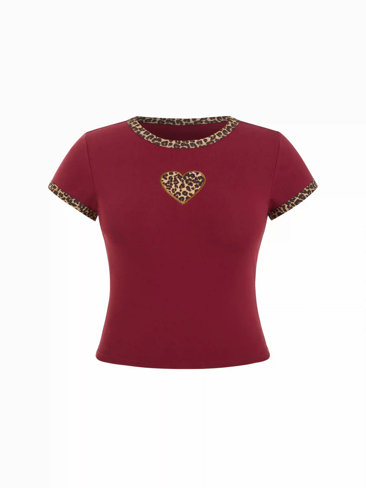 Cotton-blend Leopard Heart Applique Short Sleeve Tee Curve & Plus