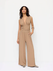 V-neck Lace Trim Ruched Wide Leg Jumpsuit