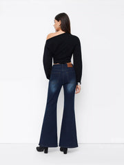 Stretch Cider Denim Low Rise Washed Ruched Flared Jeans