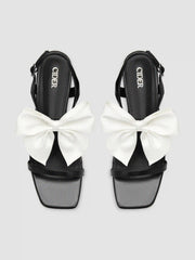BOWKNOT SQUARE TOE CHUNKY HEELED SANDALS