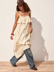 Textured Square Neck Lace Trim Ruffle Maxi Nightdress