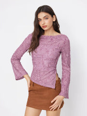 Boat Neck Lace Floral Asymmetrical Hem Split Top With Cami Top