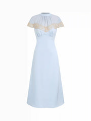 Satin Stand Collar Lace Panel A-line Maxi Dress