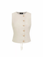 Linen-blend Boat Neck Starfish Button Tie Back Blazer Vest