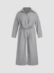 Cotton-blend Collar Striped Knotted Roll-up Sleeve Jumpsuit Curve & Plus