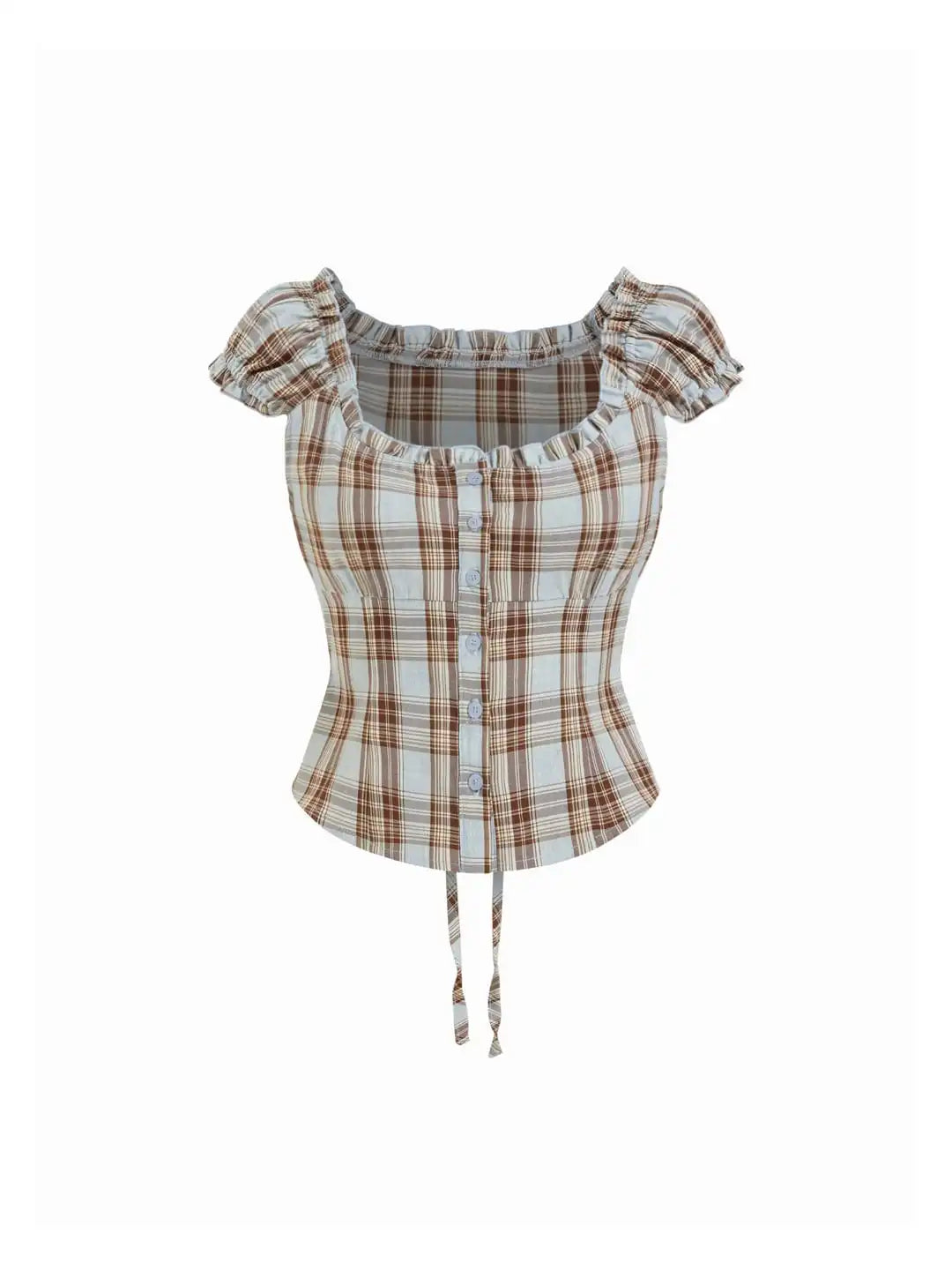 Plaid Square Neck Ruffle Sleeve Knotted Blouse