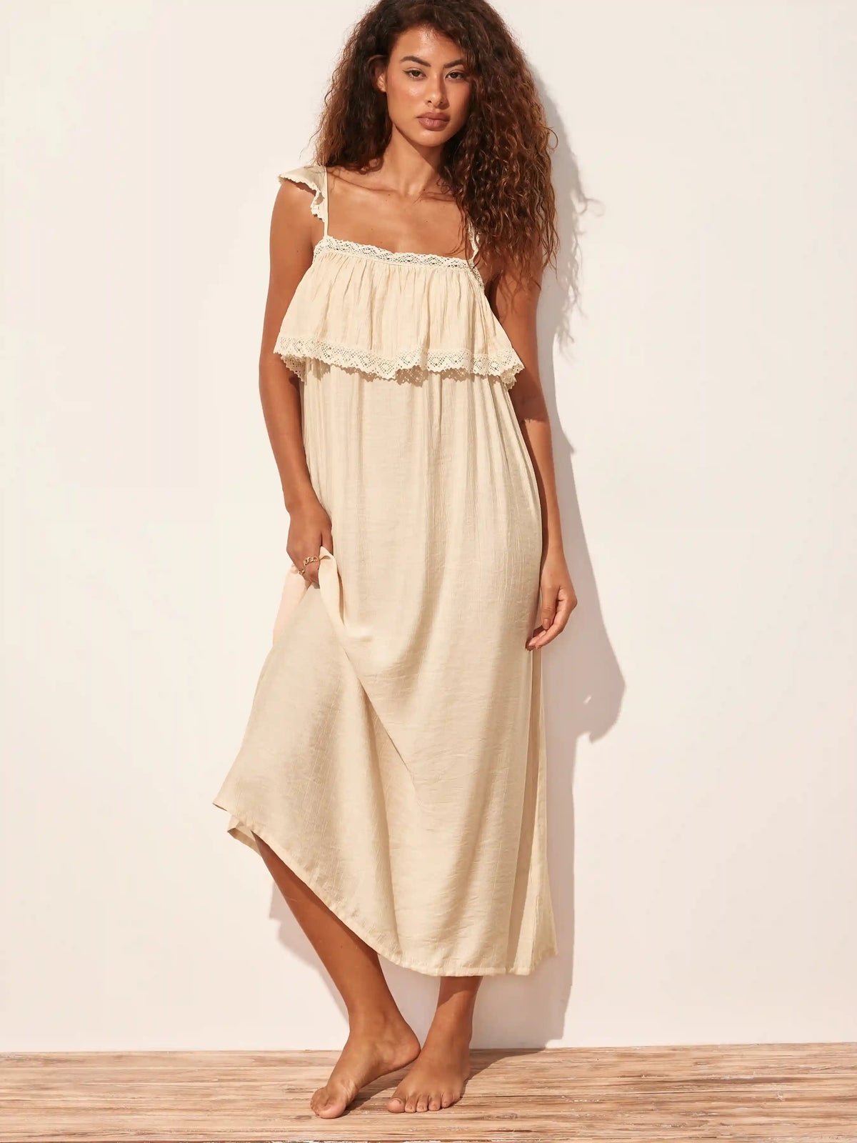 Textured Square Neck Lace Trim Ruffle Maxi Nightdress