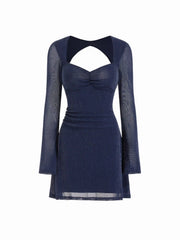 Sweetheart Bell Sleeve Glitter Cut Out Ruched Mini Dress