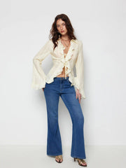 Washed Denim High Rise Metal Detail Flared Trousers