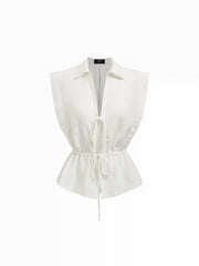 Linen-blend Collar Drawstring Sleeveless Blouse