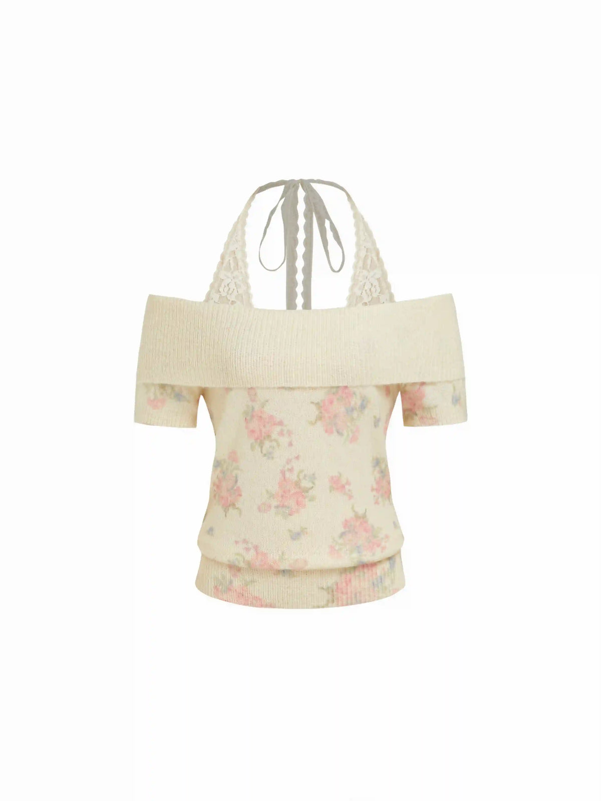 Knit Wool-blend Floral Off-shoulder Lace Detail Puff Sleeve Top