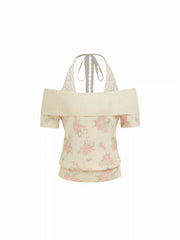 Knit Wool-blend Floral Off-shoulder Lace Detail Puff Sleeve Top