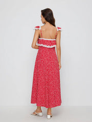 Floral Square Neck Lace Trim Ruffle Babydoll Oversized Maxi Dress