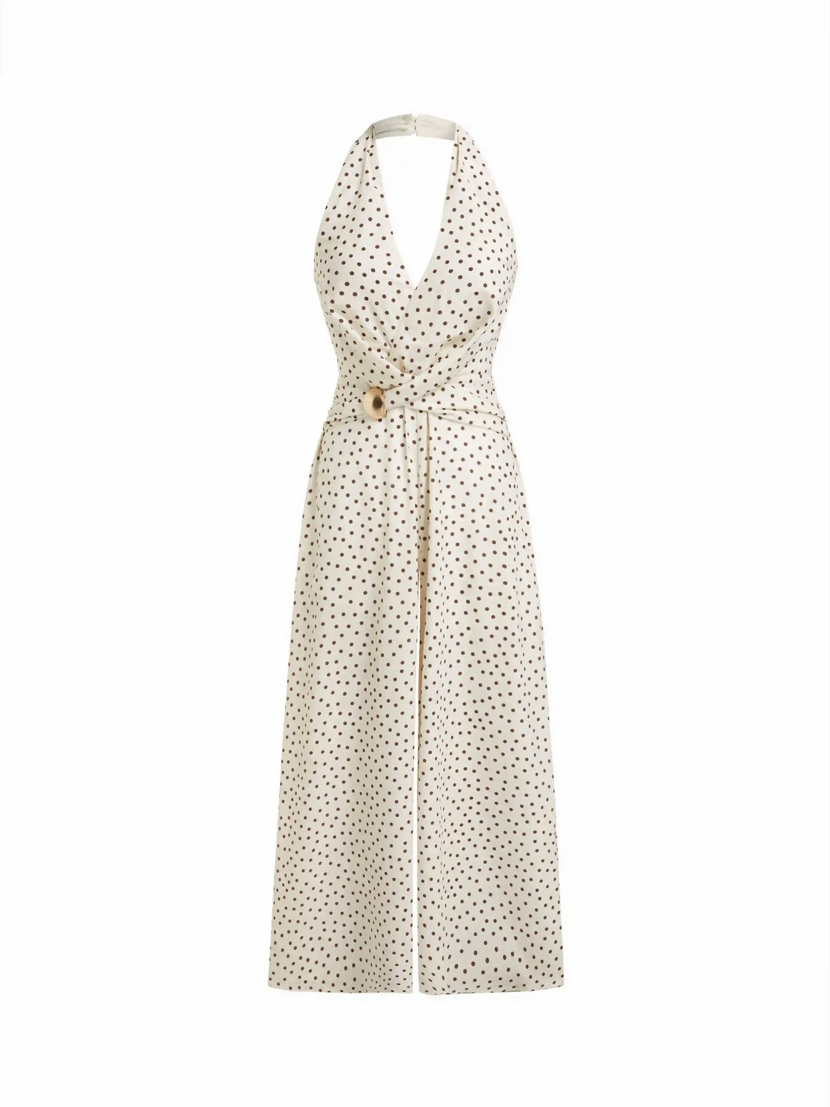 Halter Neckline Polka Dot Ruched Metal Detail Wide Leg Jumpsuit