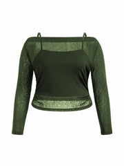 Boat Neckline Ruched Long Sleeve Tee & Cami Top Curve & Plus