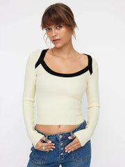 Knit Contrasting Binding Scoop Neckline Long Sleeve Top