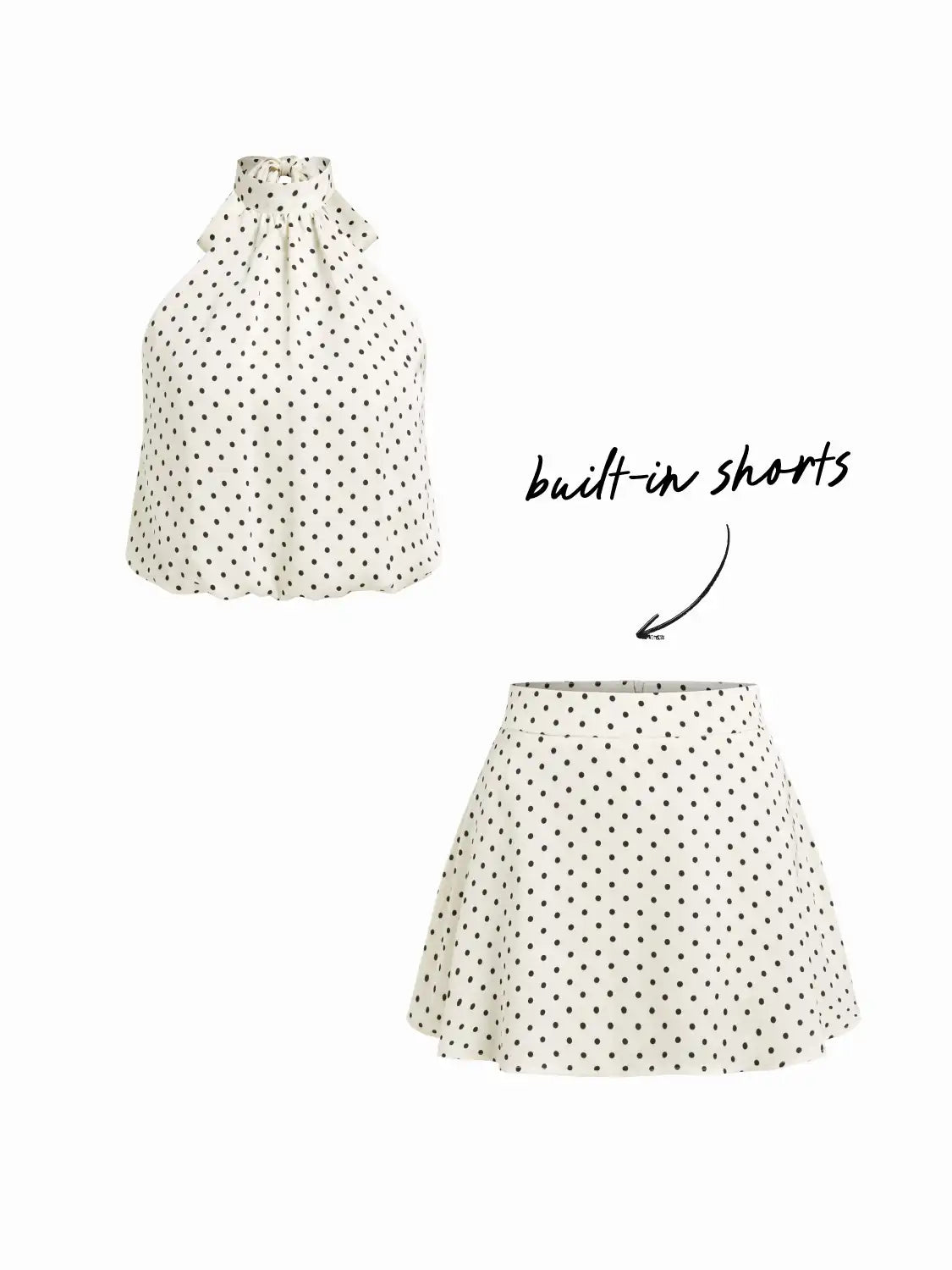Satin Halter Neckline Polka Dot Top & Mid Rise Zipper Mini Skirt Set