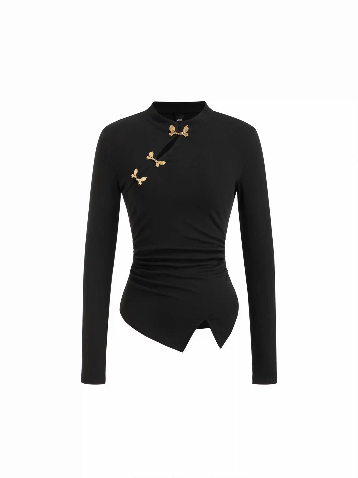 Mandarin High Neck Asymmetrical Metal Detail Ruched Top