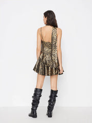 Leopard Print Asymmetrical Neck Ruched Layered Mini Dress