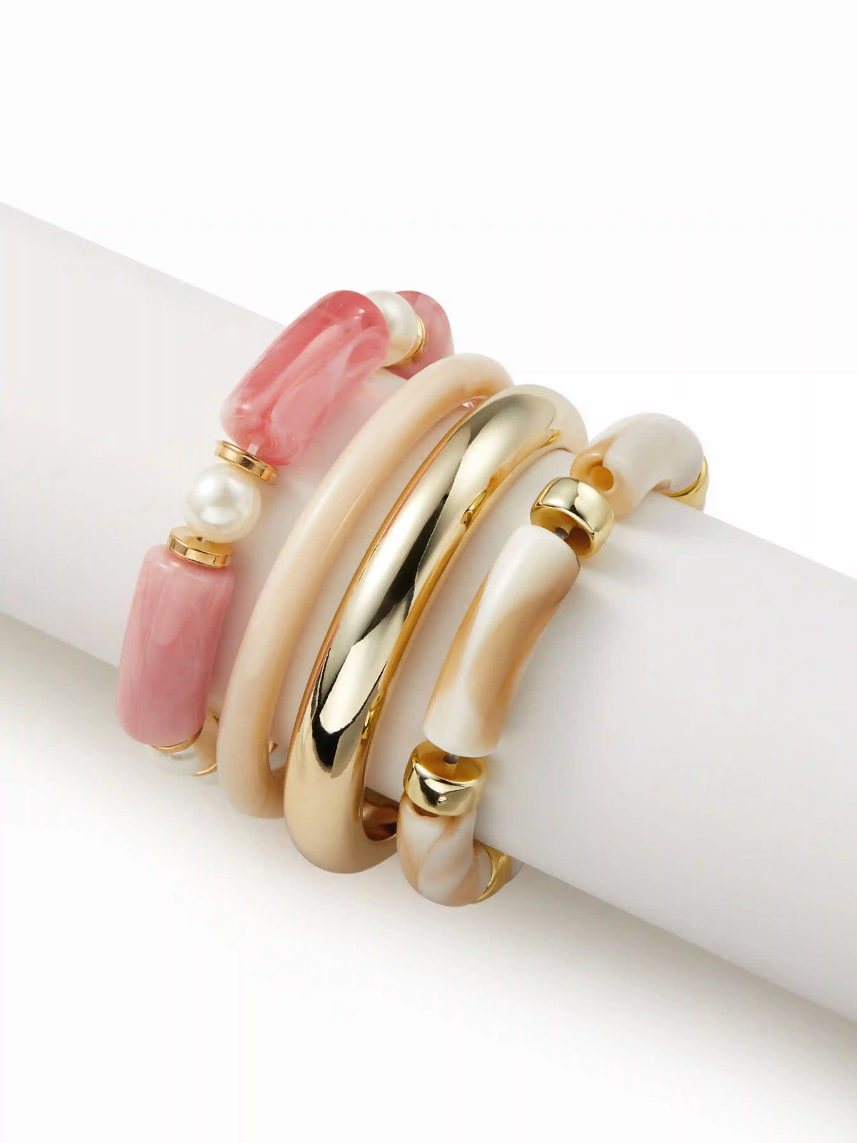 4PCS BAMBOO TUBE & FAUX PEARL BRACELET SET