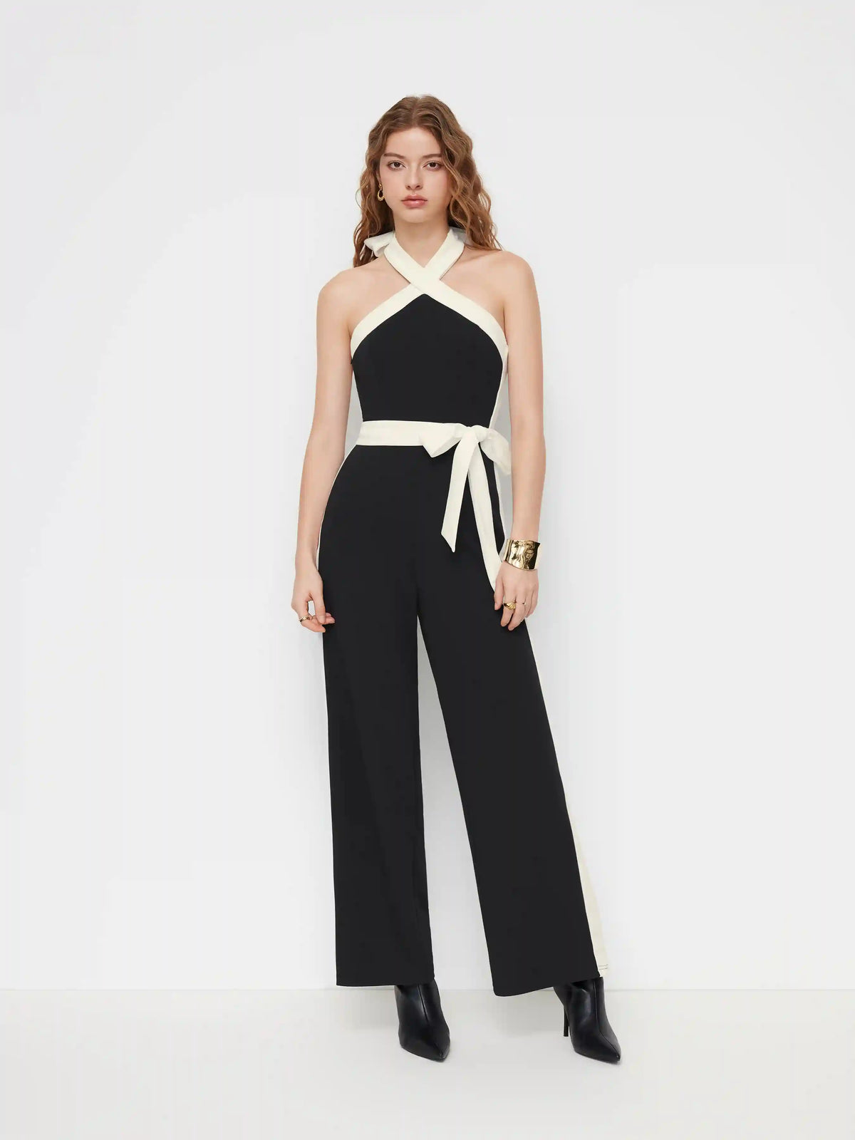 Two Tone Halter Neckline Wide Leg Jumpsuit With Belt