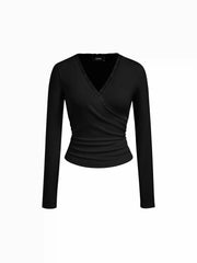 V-neck Lace Trim Ruched Top