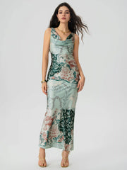 Satin Cowl Neck Floral Maxi Mermaid Dress