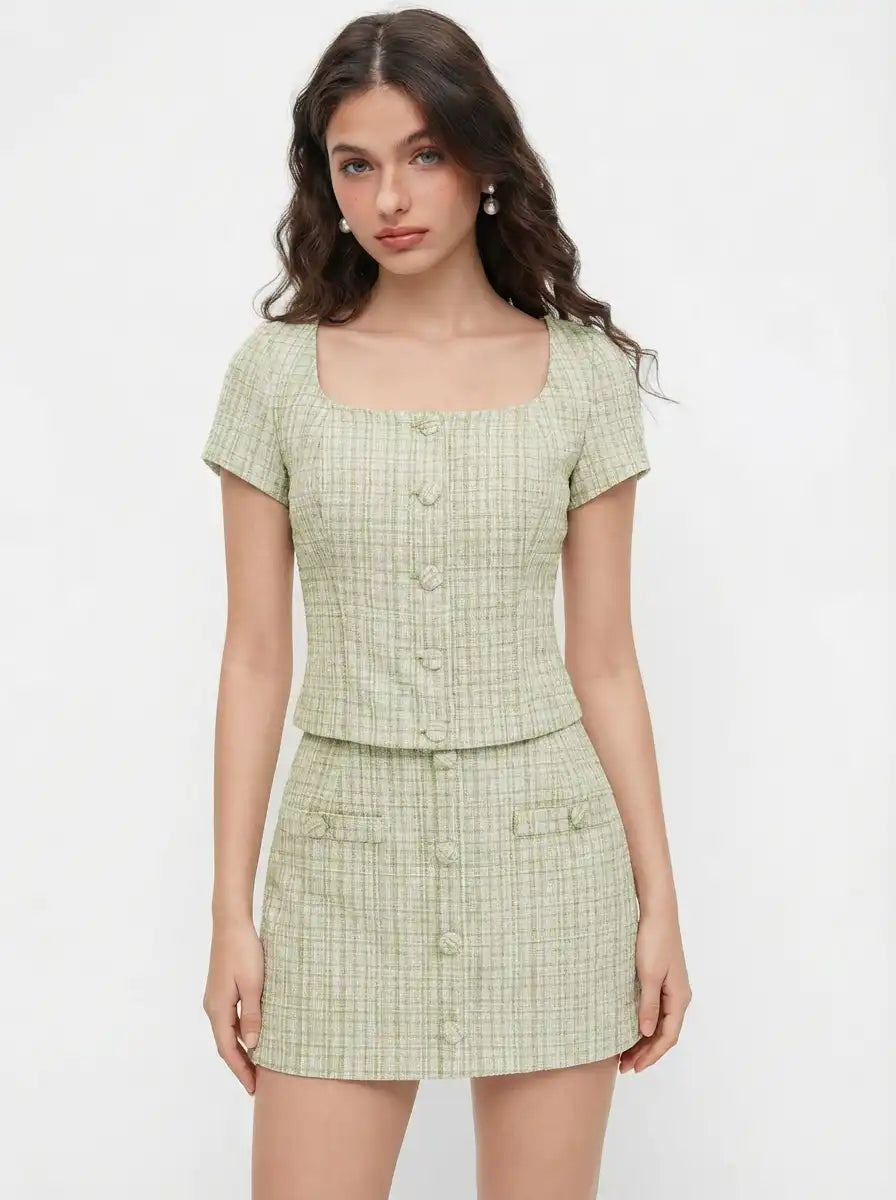 Tweed Square Neck Checks Top & Mid Rise Mini Skirt Set