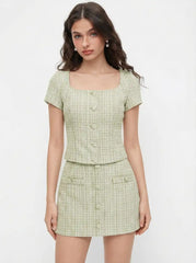 Tweed Square Neck Checks Top & Mid Rise Mini Skirt Set